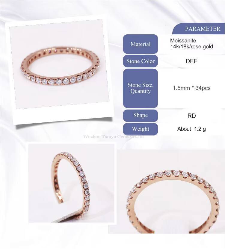 Tianyu Gems 18k Rose Gold Full Eternity Rings 15mm Round Cut Moissanite D Colorless Gemstone 14k Wedding Band Ring for Women
