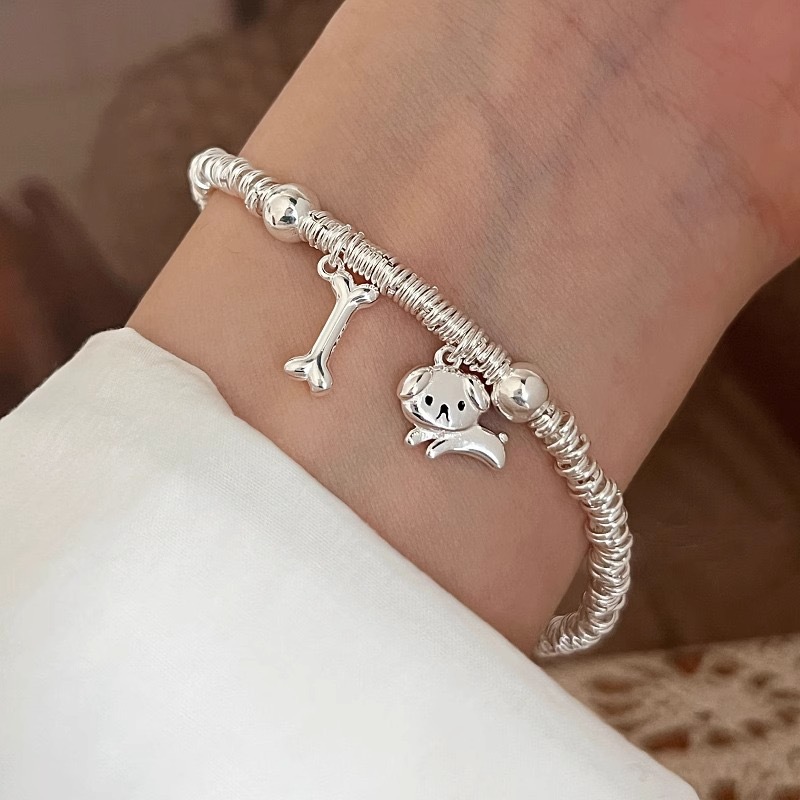 TaiYang New Gold Plated Copper Cat & Dog Charm Bracelet,Silver Plated Copper Chain with Playful Eating Fish and Bone Pendants for Women