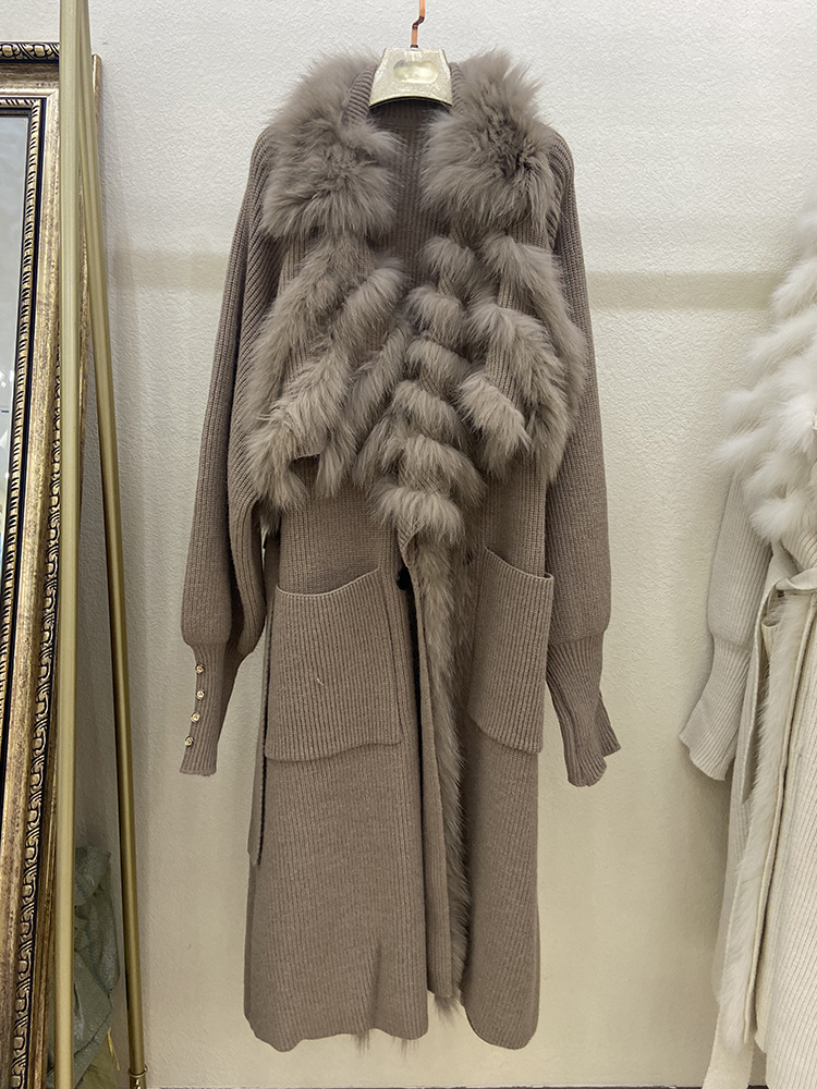 New Sweater Splicing Fox Fur Cardigan European American Coat Lady Autumn Winter Long Knit Trench Coat Temperament Women