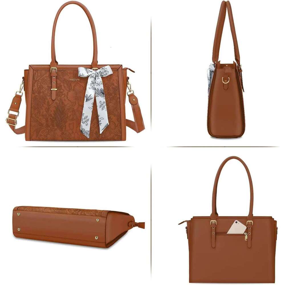 MOISISO 15.6 inch Women's Large Capacity Waterproof PU Leather Tote for Computer Laptop Shoulder Bag Bussiness Office