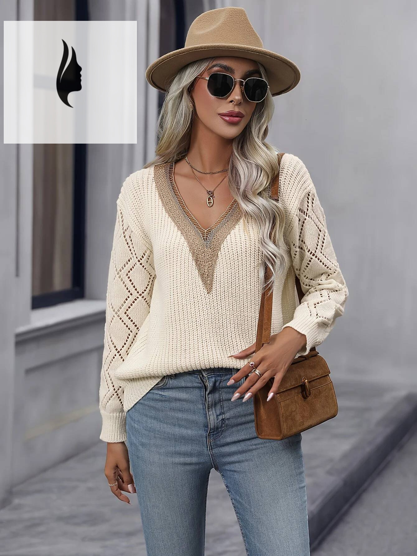 winter jacket women Solid V Neck Cut Out Drop Shoulder Casual Long Sleeve Sweater For Spring & Winter Women's Clothing