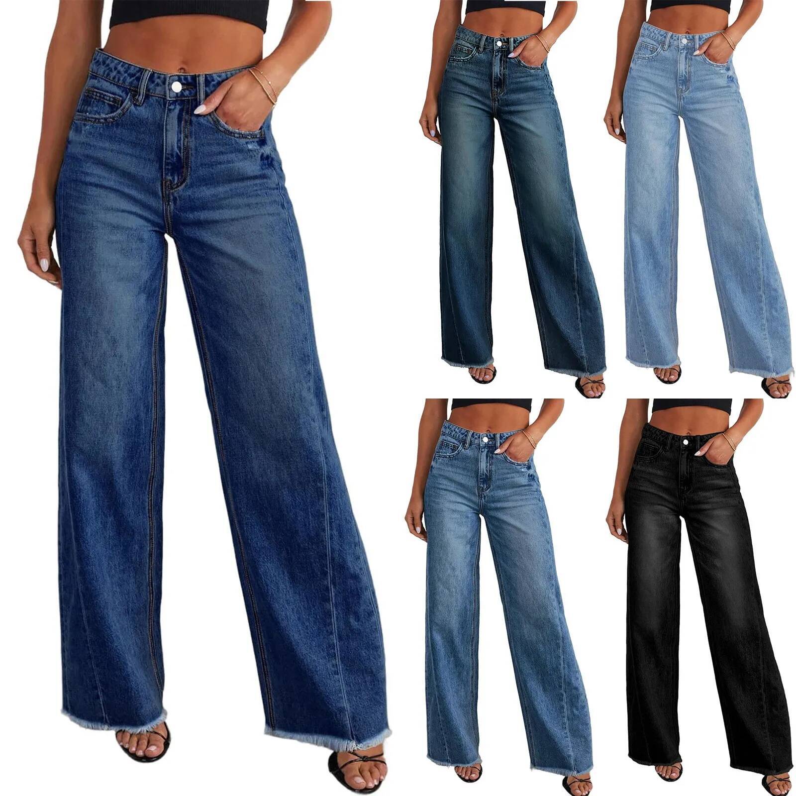 winter jacket women Women High Waist Casual Loose Wide Slim Denim Pants Elegant Splice Pockets Straight Leg Floor Length Jeans