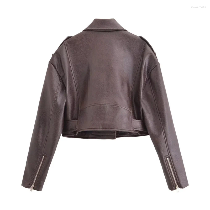 Women's Jackets Autumn Zipper Decoration Imitation Leather Motorcycle Style Collar Long Sleeve Jacket Coat