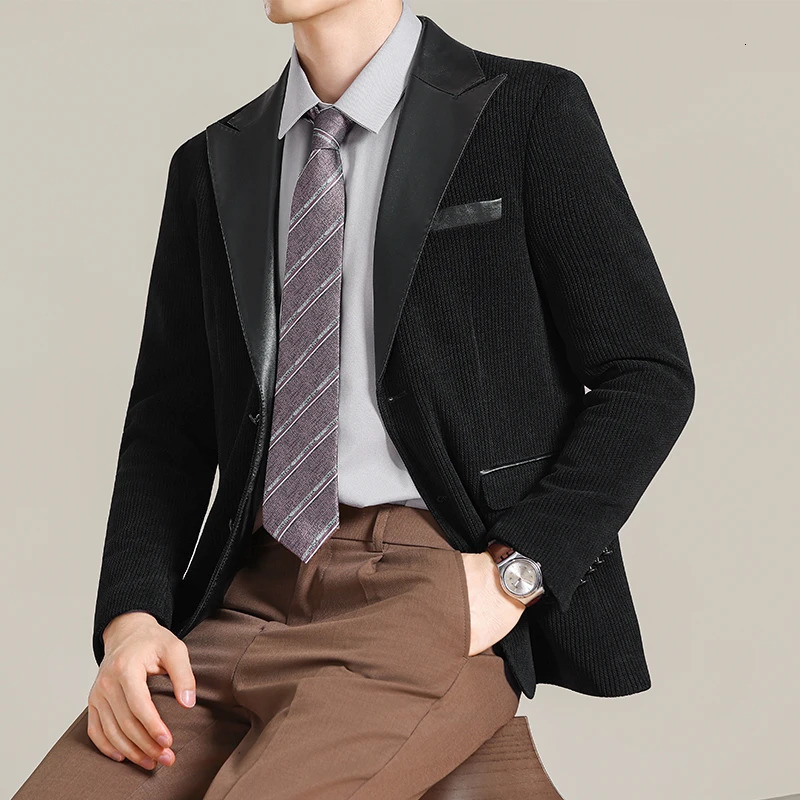 Autumn Winter Chenille Velvet PU Splicing Casual Suit Jacket Men Business Formal Suit Coat Banquet Party Wedding Blazers M5XL 251023