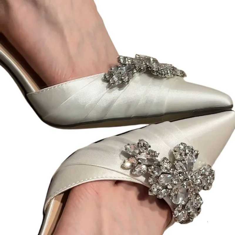 New Pointed Head Shallow Mouth Versatile White High Heels Niche Wedding Shoes Womens Rhine Satin Hollow Stiletto ShoesXJ251027