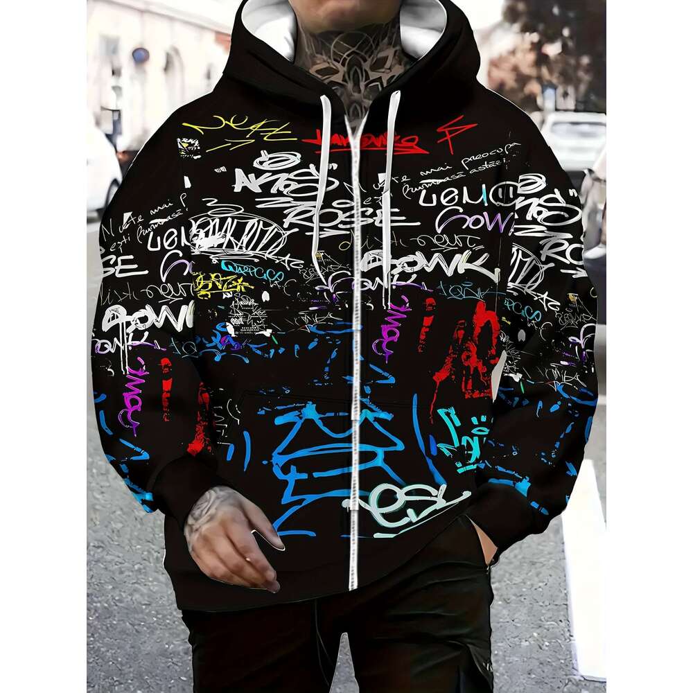 Men's Hooded Zip-Up Sweatshirt With Graffiti Print - Winter Jacket Long Sleeve Casual Sportswear, Regular Fit Hine Washable Urban Streetwear For 