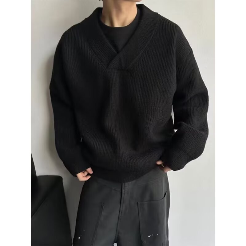 American Style Gray V-neck Sweater Designer Sweater For Men Winter Trendy Brand Lazy Knitted Cardigan Layering Base Shirt