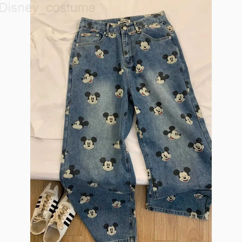Disney Personality Mickey Womens New Cute Cartoon Print Pattern Fashionable and Versatile Casual Comfortable High Waist Jeans H251027