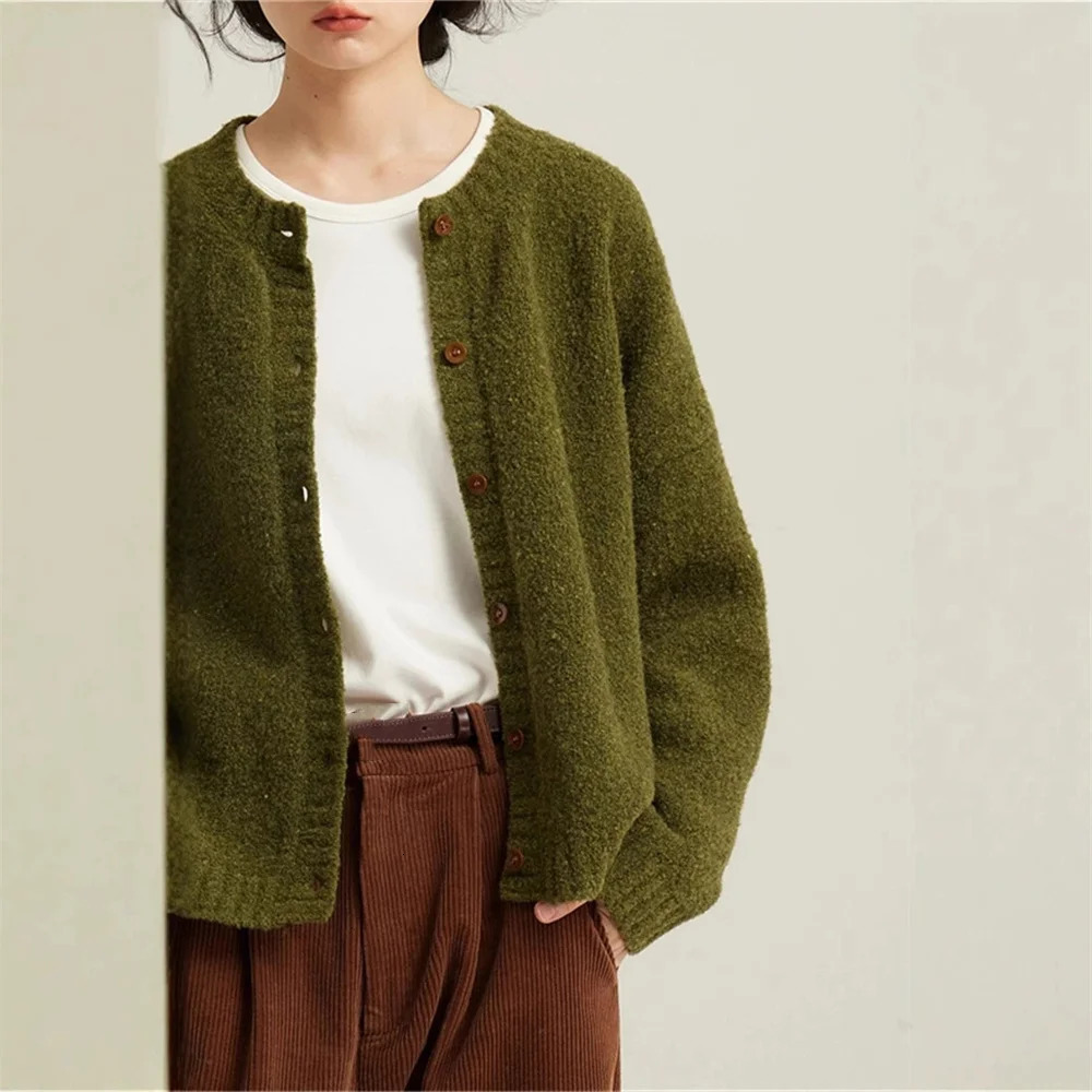 Retro Green Knitted Cardigan Womens Autumn Winter Round Neck Single Breasted Soft Thick Sweater Loose Casual Basic Coat 251027