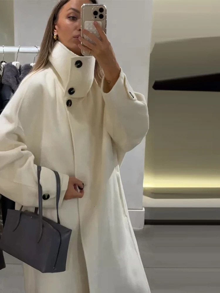 Elegant Womens Overcoat Stand Collar Single Breasted Full Sleeve Solid Female Long Coats Autumn Fashion Chic Lady Outwear 251024