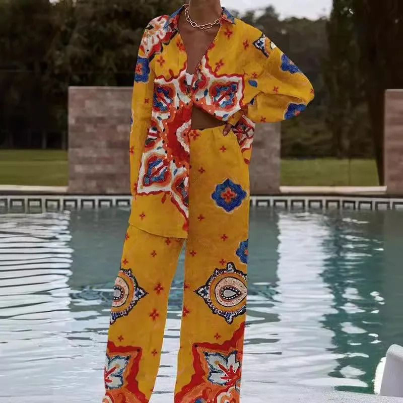 Womens Single Breasted Lapel Short Sleeve Top And Wide Leg Trousers Set Print Shirt Pants Suit Outfits 2 Pcs Sets 251013