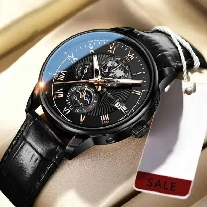 Luxury Man Watch Waterproof Chronograph Moon Phase Pattern Luminous Mens Wristwatch PU Leather Men Quartz Watches Casual ClockT251027