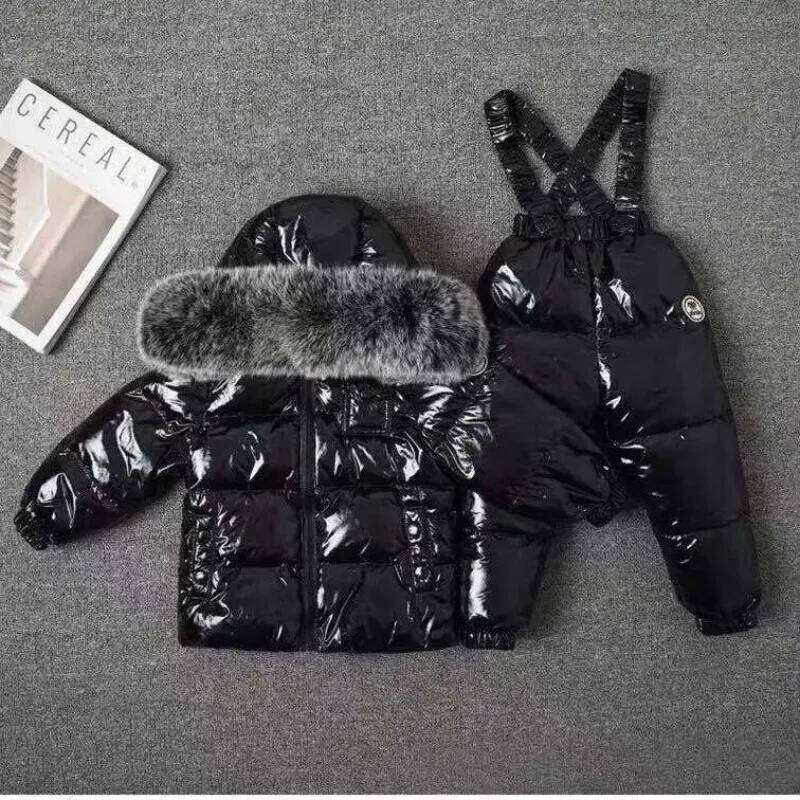 New Winter Kids Boutique Clothing 2 Pieces Sets Down Jacket Suspender Trousers Big Fur Collar Warm Soft Unisex Ski Suit