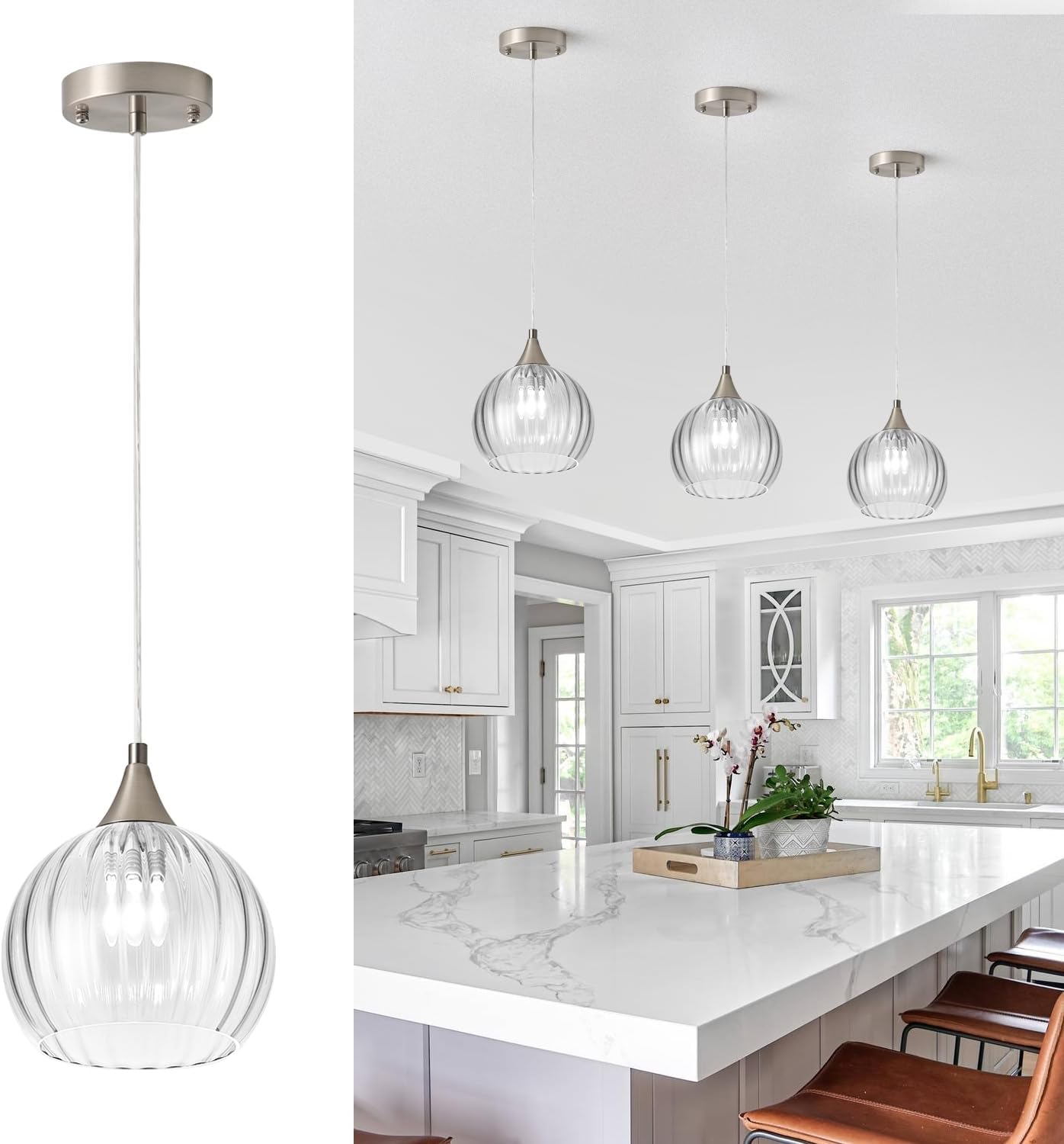 Brushed Nickel Pendant Kitchen Island, Globe Pendant Light Fixtures with 8 Inch Clear Glass Shade, Modern Hanging Light Fixtures for Kitchen, Bedroom