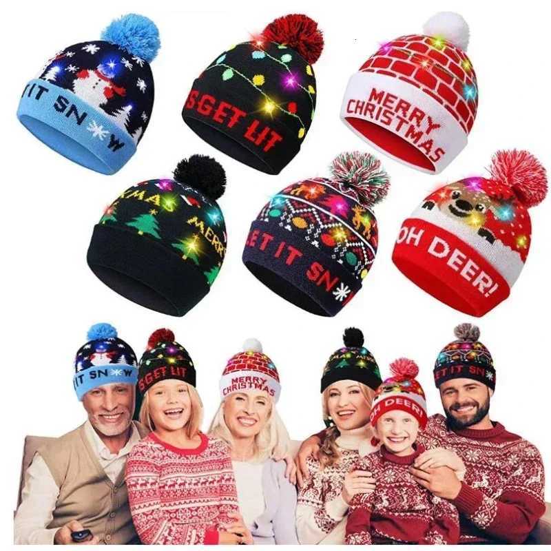 LED Light Christmas Hat Xmas Knitted Hats Warm Winter Cap New Year Featival Party Decoration Christmas Gift for Kids AdultsW251027