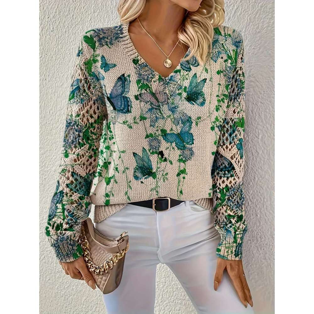 Graceful Autumn Winter, Spring Summer, Four-Season Style, Bohemian Fashion, Trendy Versatile V-Neck Long-Sleeve Women's Top With Butterfly Patter