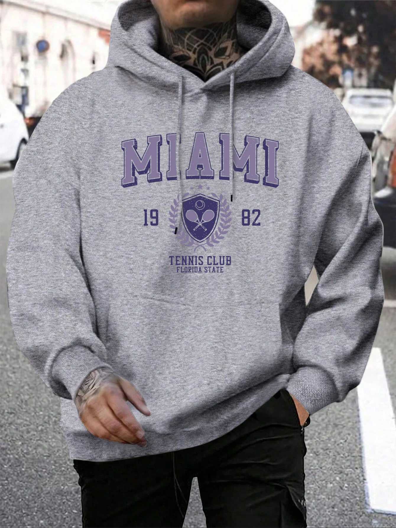 Miami 982 Letter Print Pullover MenS Fashion Quality Hooded Warm Casual Hoody Man Simple Loose Tops W251027