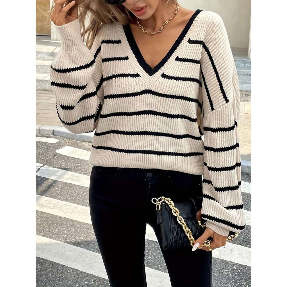 Elegant French-Inspired Elegant French-Inspired Women's V-Neck Sweater Striped Tie-Back Pullover Long Sleeve Button-Up Front Loose Fit Casual Win