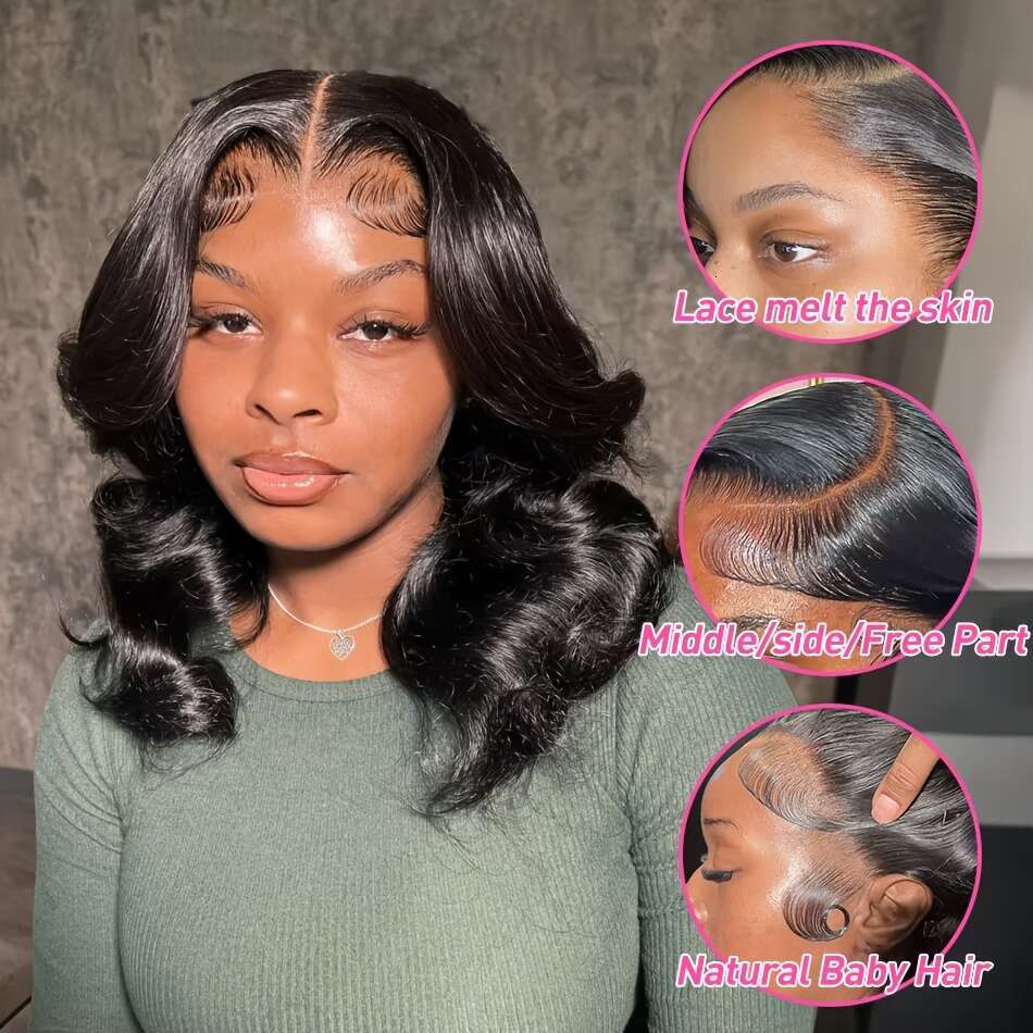 Glueless Short Bob Lace Frontal Brazilian Virgin Human - Body Wave 180% Density Pre-Plucked With Hair, Natural Color For Women & Men, All Ethnicities,