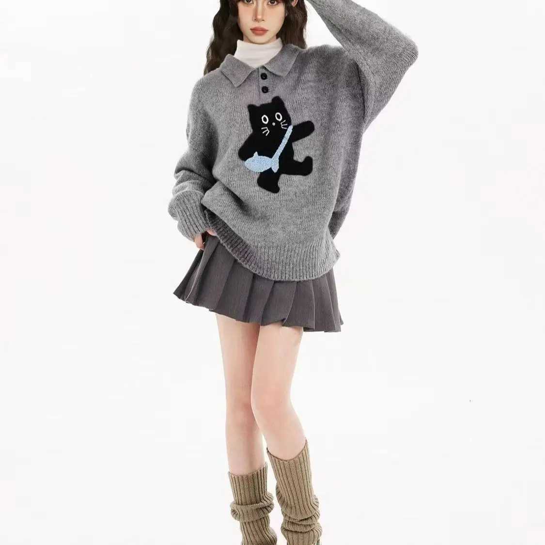 Gray Polo Cat Sweater Women Winter Knit Pullover with Collar Y2K Oversized Lazy Style Top Thickened Plush Crewneck Feline PT251027