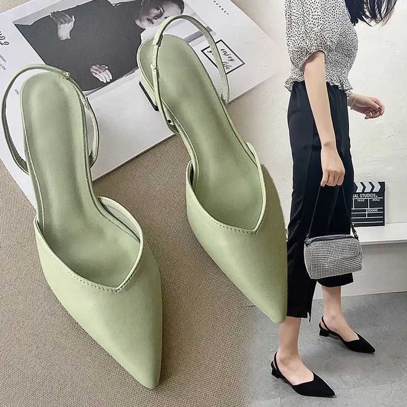 2024 Summer New Pointed Head Back Trip Midheel Sandals for Women Baotou Fi Shoes Thick Heel SandalsXJ251027