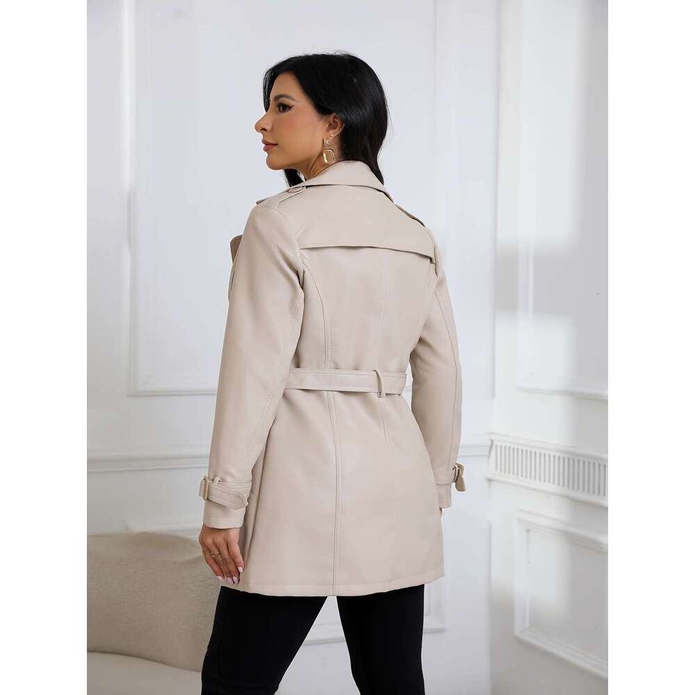 Elegant Windbreaker Lightweight PU Windbreaker Women's Jacket | Elegant Mid-Length Belted Coat With Adjustable Waist, Solid Black For Spring/Fall