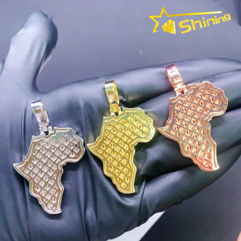 Hip Hop Map Moissanite Pendant Custom Iced Out 925 Sterling Silver VVS Moissanite Pendant Charms Necklace