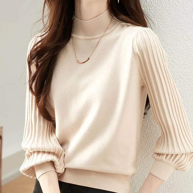 Women Half High Collar Base Sweater Autumn And Winter Casual Solid Knitted Tops Pit Stripe Long Sleeved Pullover Sweaters 251027