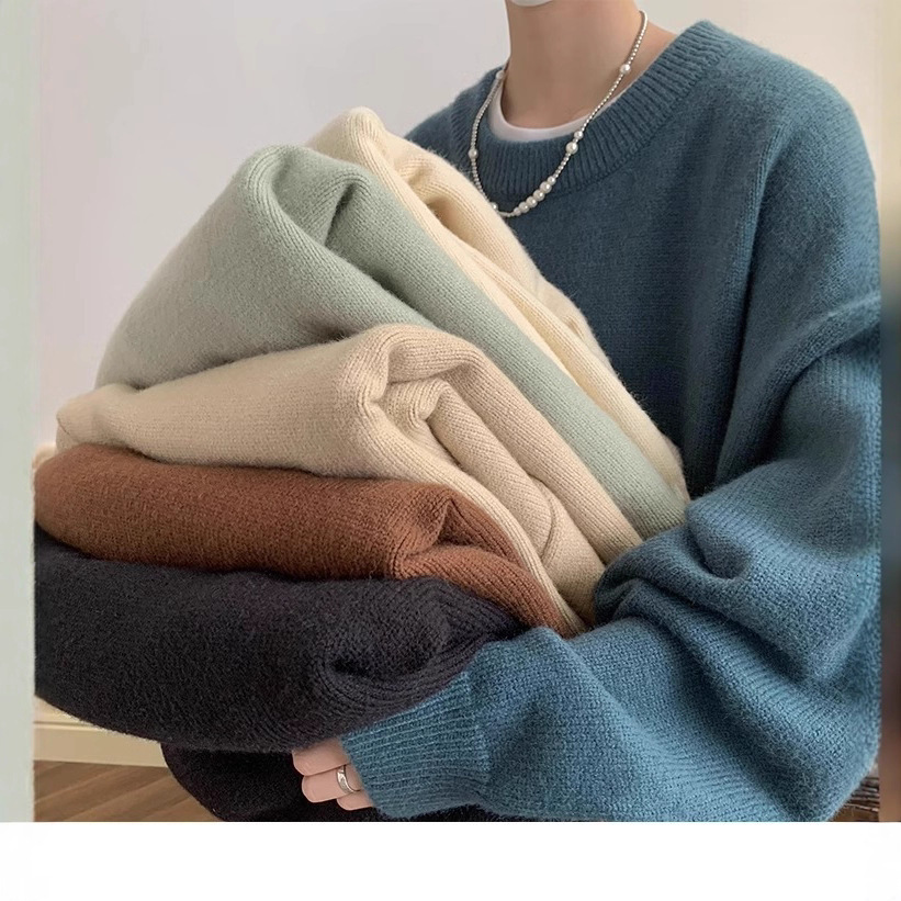 Fleece-lined Thick Inner Layer Knitted Sweater Trendy Brand Men's Autumn Winter Loose Lazy Designer Sweater Style High-end Sweater