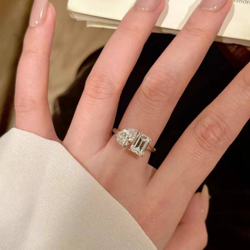 Luster Design VVS D Moissanite Diamond Solitaire Engagement Band Ring Custom Real 14k 18k Solid Gold Emerald Shape Pear Shape