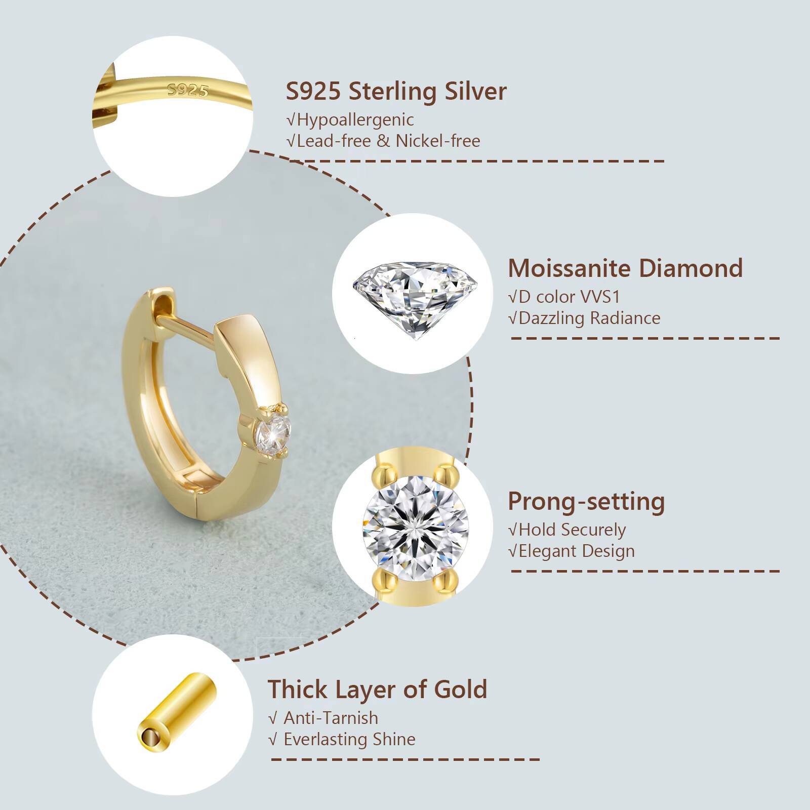 Elegant Moissanite Diamond Huggie 14K GoldWhite Gold Jewelry Gifts 15mm 925 Sterling Silver Women Dainty VVS Hoop Earring