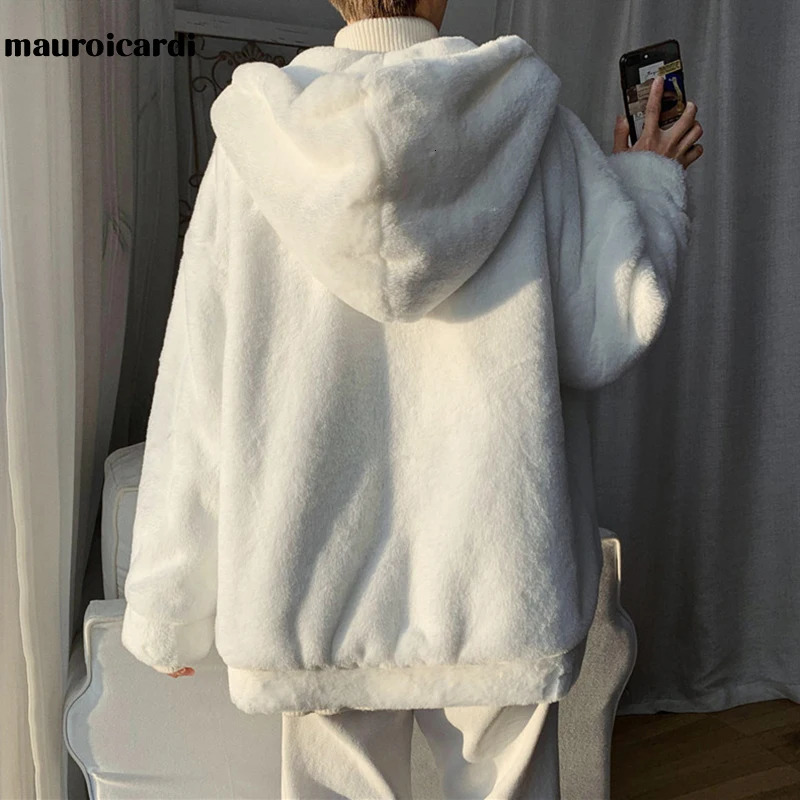 Mauroicardi Winter Oversized White Faux Fur Coat Men with Hood Long Sleeve Zipper Casual Loose Fluffy Jacket for Style 251018