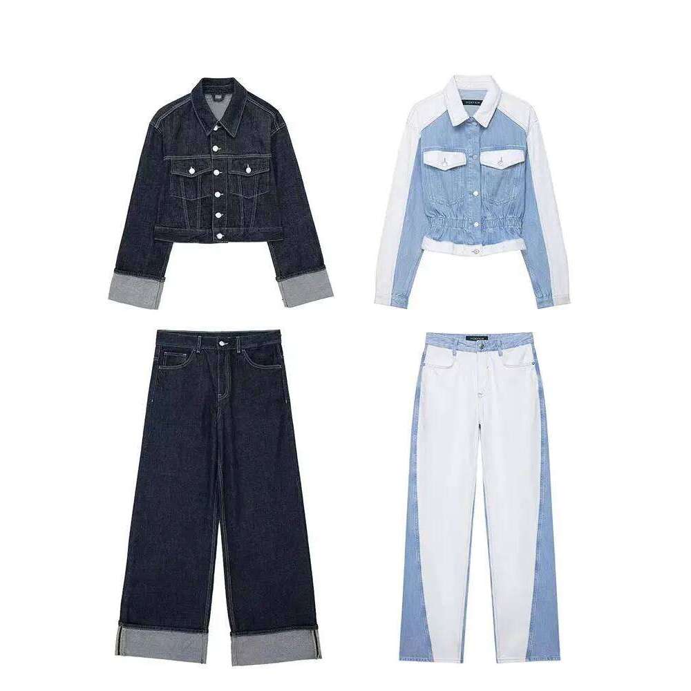 HH 2024 Autumn Female Vintage Denim Suit Long Sleeve Single Breasted Lapel Coat+High Waist Wide Leg Jeans Street Fashion Set