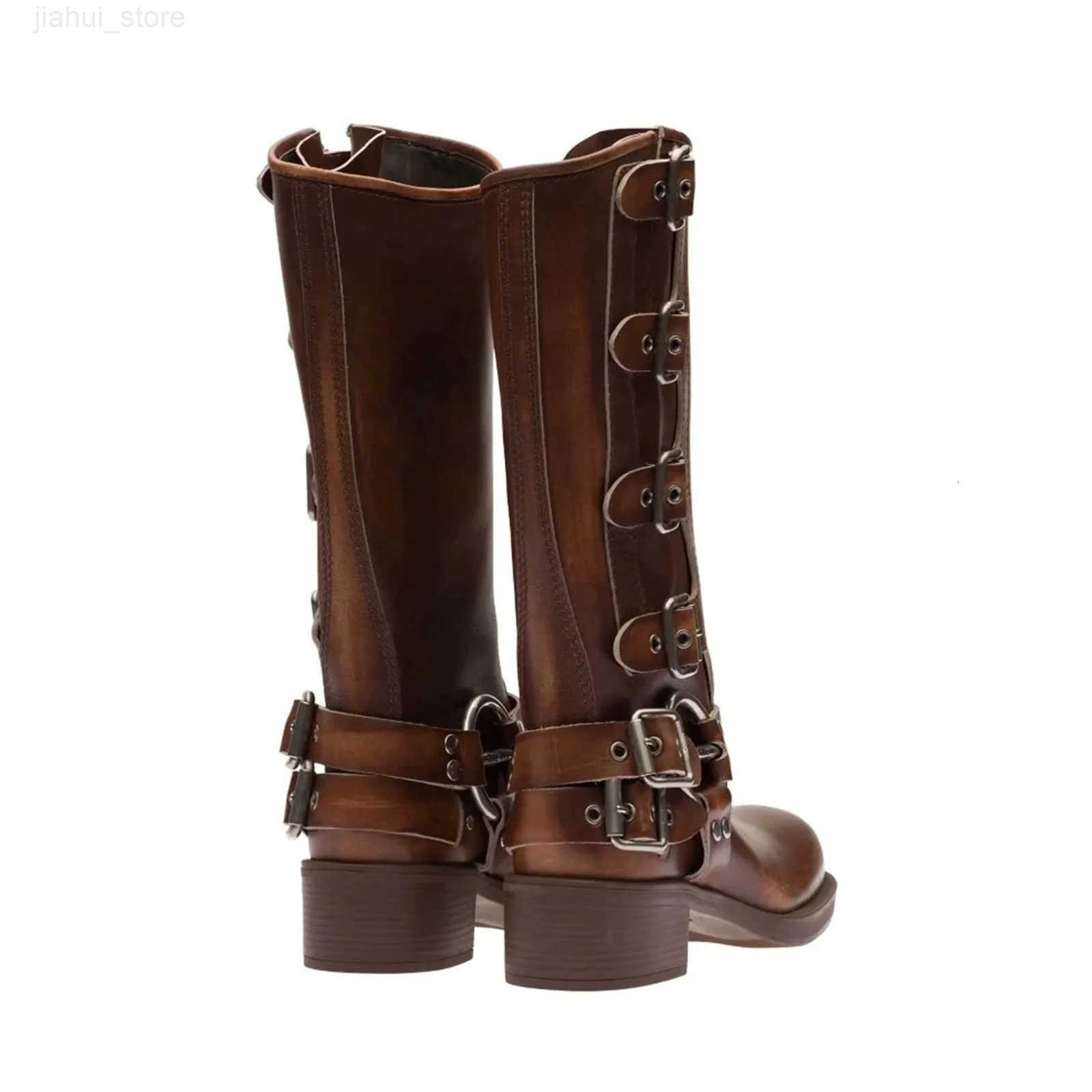 Arden Furtado 2025 Genuine Leather Platform Rivet Motorcycle boots Round toe Belt buckle Block heel mid wide calf Western boots M251027