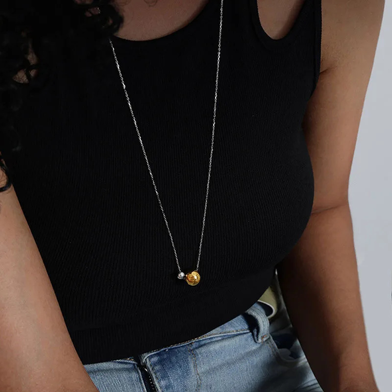 Two ball sphere pendant long necklaces stainless steel sweater necklaces for women minimalist simple winter jewelry non tarnish 251023