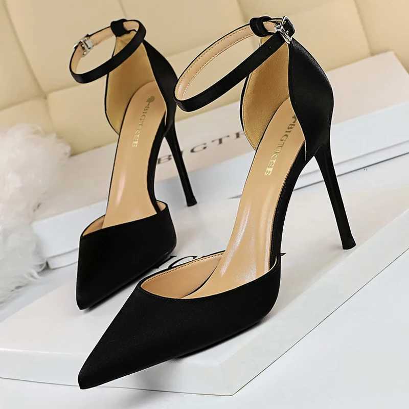BIGTREE Shoes Satin With Shallow Pointed Women Pumps Buckle High Heels Female Shoes Stiletto Heels Sandals Sexy Party ShoesXJ251027