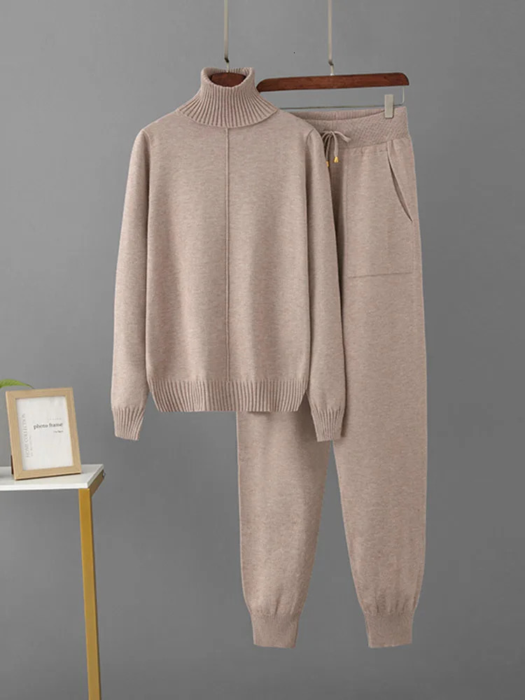 Candy Color Knitted 2 Piece Sets Women Turtleneck Knitwears Sweater Pullover Tops Conjuntos High Waist Casual Harem Pants Outfit 251013