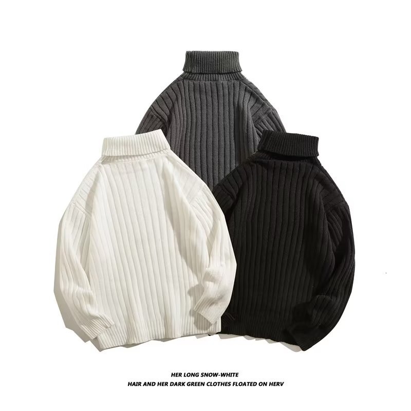 New Spring And Autumn Men's Sweater Trendy Vertical Striped Designer Sweater Knitted Base Shirt Solid Color Convertible High Collar Men's Sw