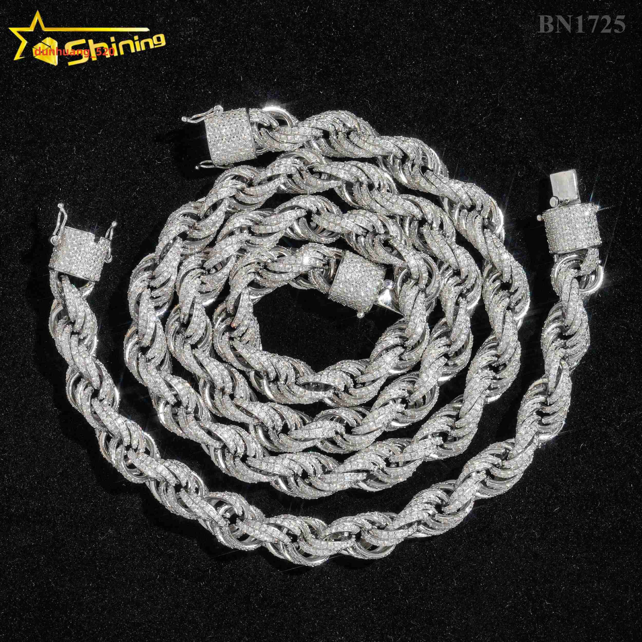 Fine Jewelry Hot Selling 10MM Diamond Cut 925 Silver Hip Hop Necklace Iced Out Moissanite Rope Chain