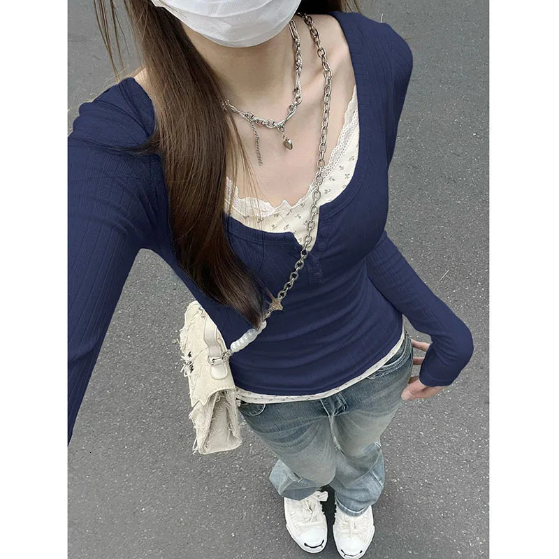 Xpqbb Women Streetwear Two Pieces Tshirt Y2k Aesthetic Grunge Patchwork Lace Tees Female Fall Winter Slim Bottoming Tops 251027