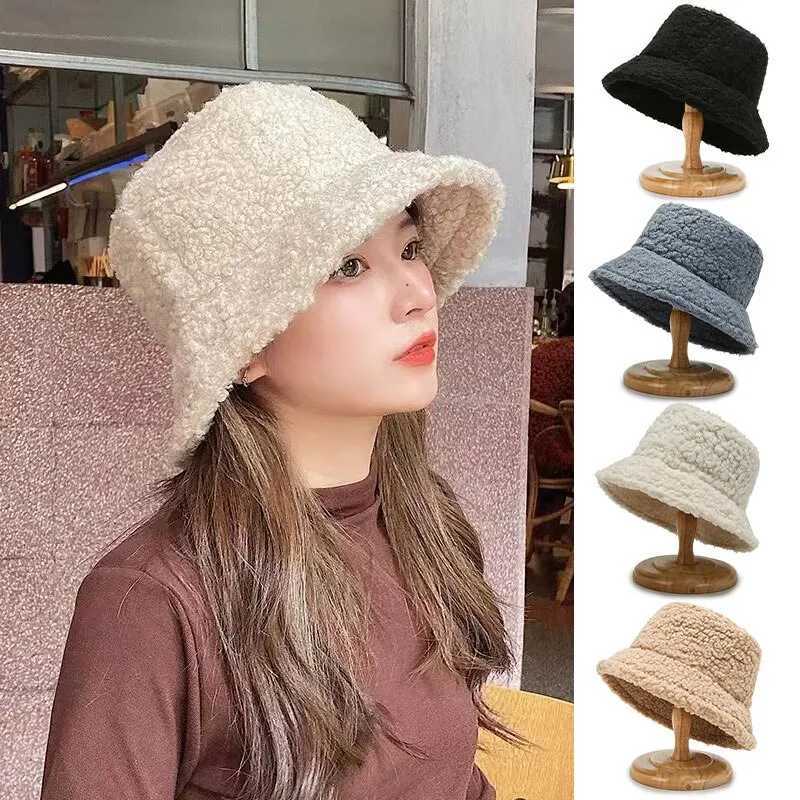 Unisex Harajuku Bucket Hat Solid Men Fishing Fisherman Hat Autumn Winter Lamb Wool Outdoor Warm Panama Cap For WomenW251027