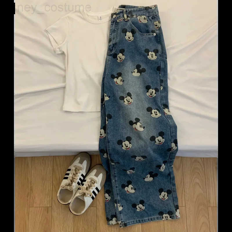 Disney Personality Mickey Womens New Cute Cartoon Print Pattern Fashionable and Versatile Casual Comfortable High Waist Jeans H251027