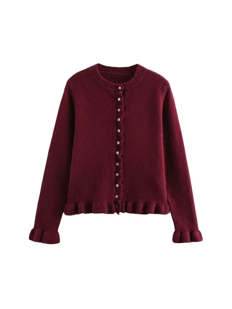 Womens Ruffled Knit Cardigan Sweater ONeck Long Sleeve Chic Top with Front Buttons Fashion Outerwear 251027