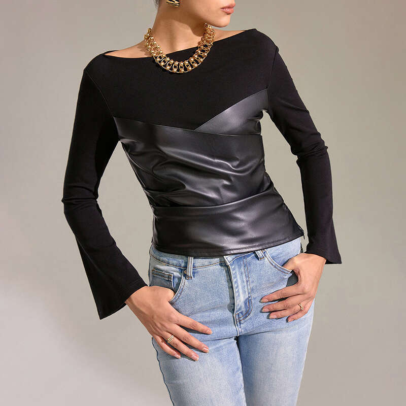 Women's Fashion Autumn New Round Neck Knitted Tube Ruched Leather Patchwork Flared Sleeve Top