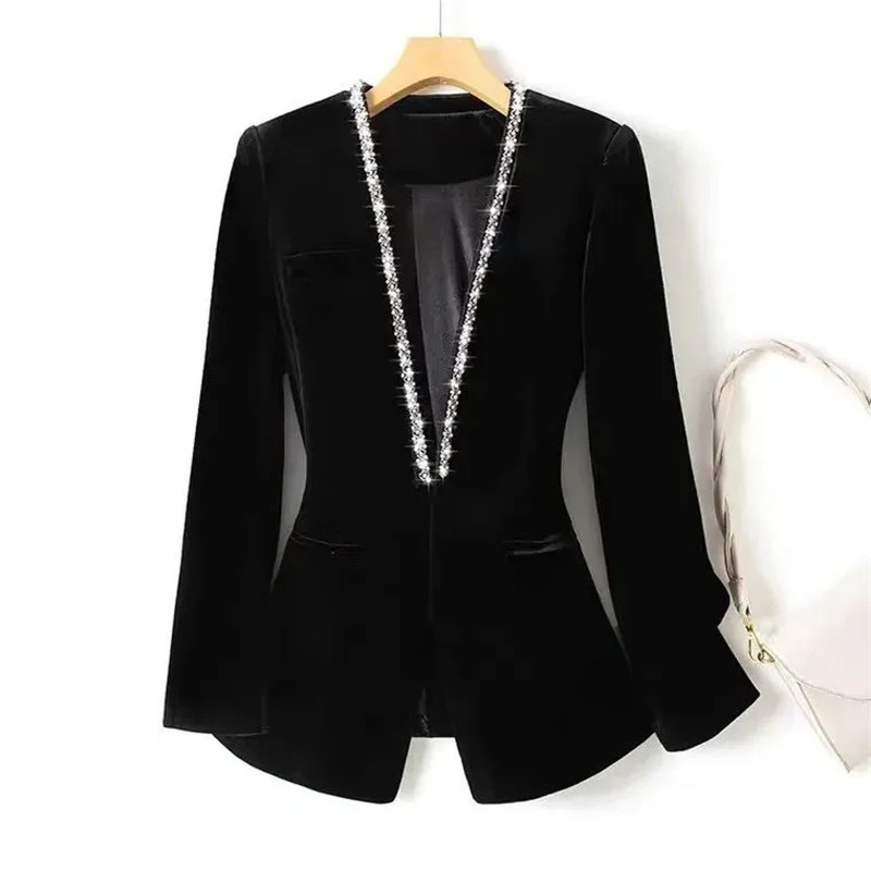 Gold velvet beaded Women Blazer Korean Fashion Autumn Long Sleeve Office Work Blazers Lady Jackets Coat Female Tops 251027