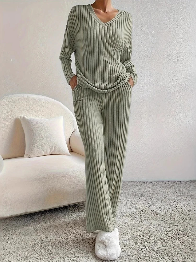 Spring Fashion Women Home Wear Set Style Straightleg Pants Loosefit Vneck Ribbed Knit Sweater Female Casual Pajamas 251027