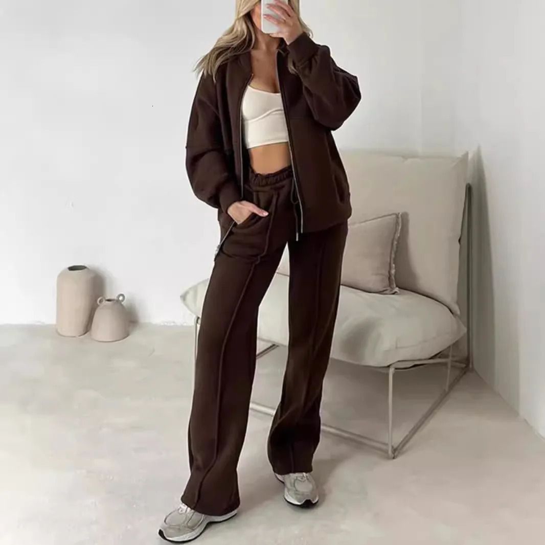 Tracksuit Women Two Pieces Pant Sets Sweatshirts Zipper Long Sleeve Straight Pants Drawstring Pocket Sports Autumn Winter 251027