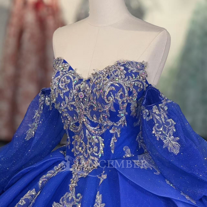 Royal Blue Shiny Quinceanera Dresses Off The Shoulder Applique Lace Beading Crystal Tull Puff Sleeve Party Birthday Sweet 16 Dress Vestidos 15 De Anos