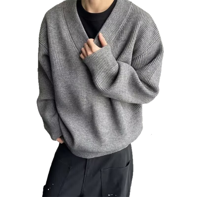 American Style Gray V-neck Sweater Designer Sweater For Men Winter Trendy Brand Lazy Knitted Cardigan Layering Base Shirt