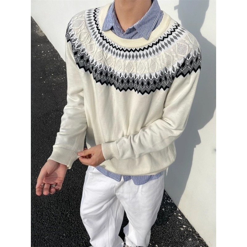 American Style Fair Isle Boxy Sweater Designer Sweater For Men Autumn High-end Cable Knit Long Sleeve T-shirt Regular Shoulder Base Shirt